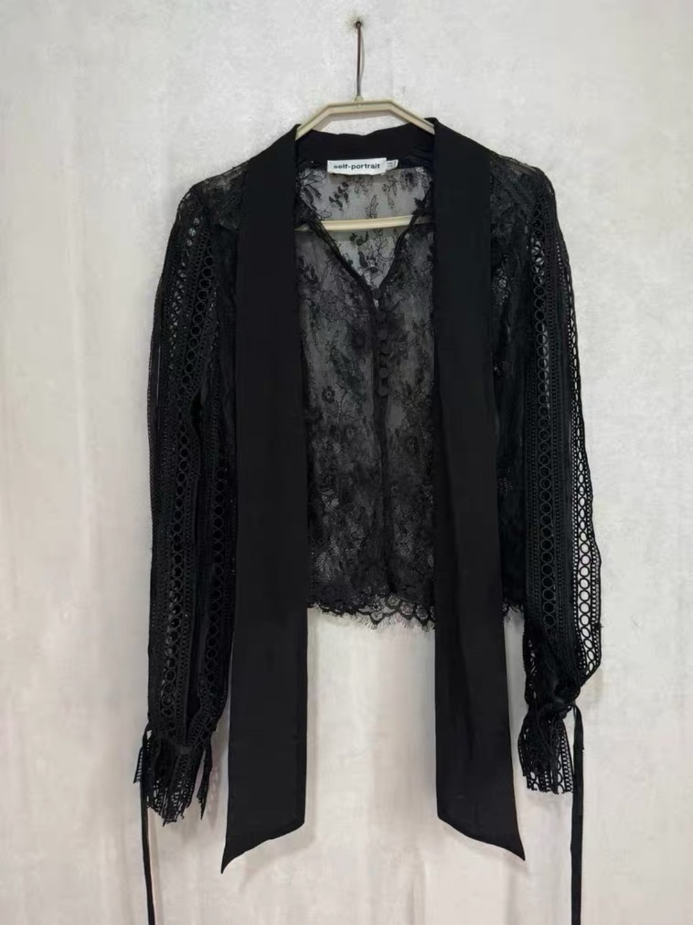 Self-Portrait Black Lace Bow Tie-Front Blouse